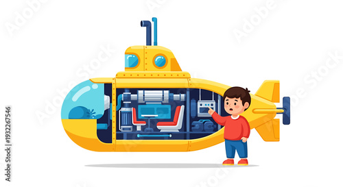 Young Boy Standing Next to Yellow Submarine. Vector Illustrations. EPS Editable