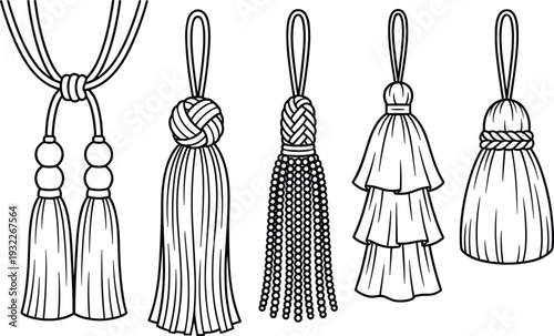 Decorative curtain tassels collection featuring different rope knots and fringe styles set
