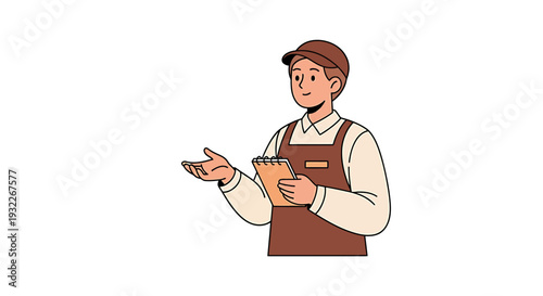 Young Man in Apron Holding Clipboard and Gesturing. Vector Illustrations. EPS Editable