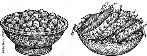 Peas in bowl and pea pods with patterns on transparent background