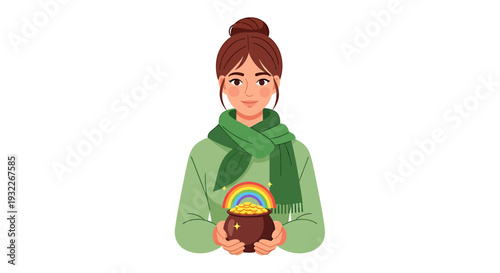 Young Woman Holding Pot of Gold with Rainbow. Vector Illustrations. EPS Editable