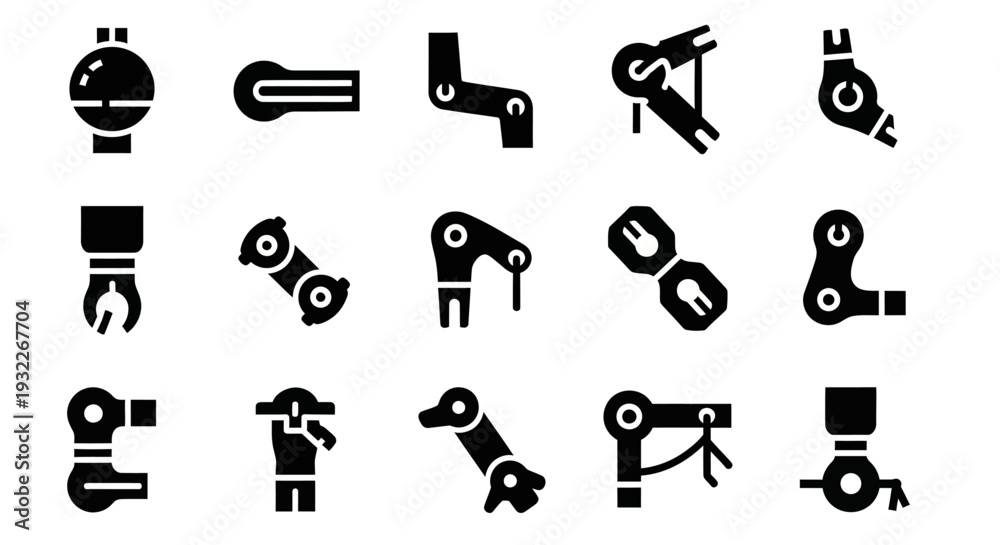 Fototapeta premium Collection of robotic arm icons in various configurations and mechanical components displayed on a clean interface