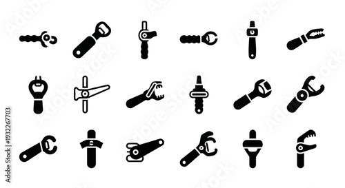 Collection of various wrench icons displayed on a clean white background from a straightforward viewpoint