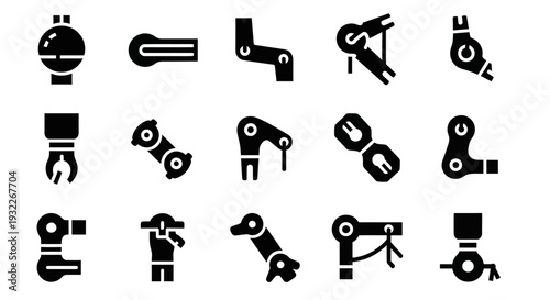 Collection of robotic arm icons in various configurations and mechanical components displayed on a clean interface