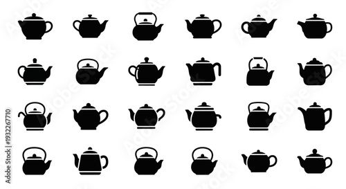 Collection of various teapots displayed in a grid pattern on a plain white background from a straightforward viewpoint