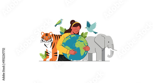 Woman Embracing Earth with Animals and Nature. Vector Illustrations. EPS Editable