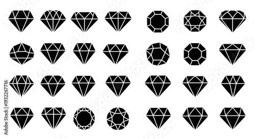 Collection of various diamond illustrations displayed in a grid pattern on a clean background from a straightforward viewpoint