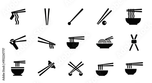 Collection of Asian food icons featuring chopsticks, bowls, and utensils in a grid layout on a neutral background from a direct viewpoint