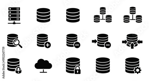 Collection of database icons representing various data storage and management concepts from a straightforward viewpoint