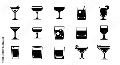 Collection of various drink icons, including cocktails and beverages, in a grid layout, on a plain background, viewed from directly above.