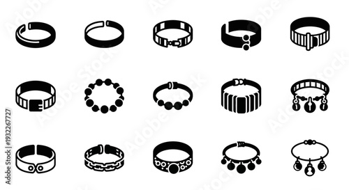 Collection of various black and white illustrations of bracelets and bangles on a plain background viewed from directly above