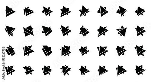 A collection of abstract black paper airplanes on a clean white surface viewed from directly above