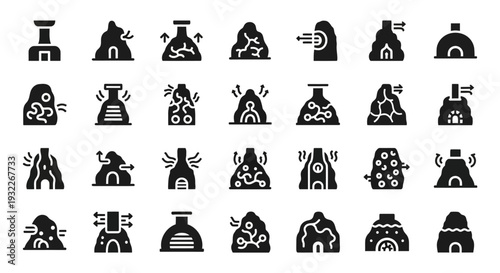 A collection of twenty-eight distinct black silhouettes representing various beakers and test tubes used in scientific experiments on a white background from a straightforward viewpoint