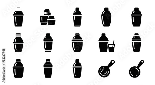 Collection of black cocktail shakers and mixers icons on a clean background
