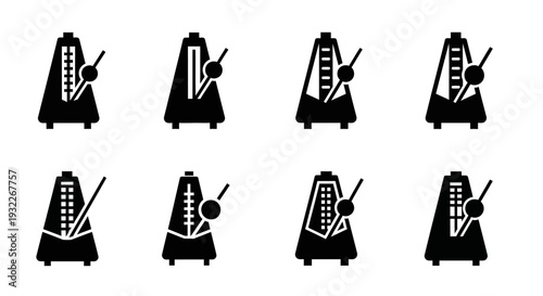 A collection of metronome icons in various states of motion, depicted in a grid layout, showcasing different positions and angles from a straightforward viewpoint.