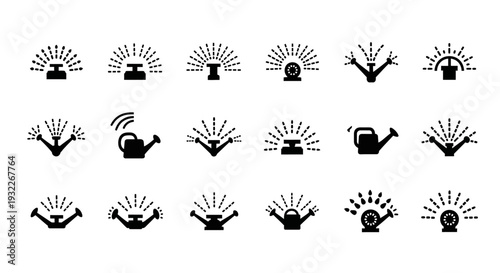 Collection of black icons depicting various gardening tools and plants in a grid layout on a white background from a direct viewpoint