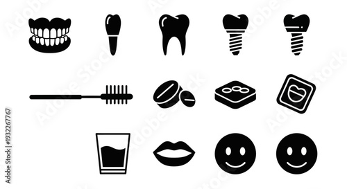 Collection of dental care icons including teeth, toothbrush, and toothpaste in a simple black and white design