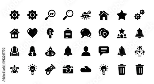 A collection of black icons representing various concepts and objects on a clean white background viewed from a straightforward perspective