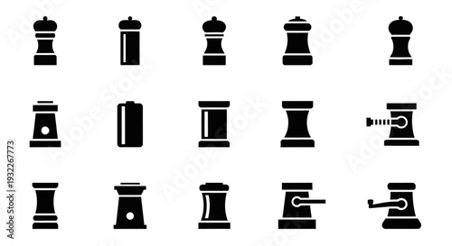 Collection of various pepper mill silhouettes displayed in a grid pattern on a clean background viewed from directly above