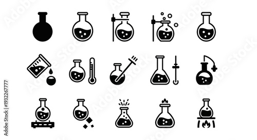 Collection of Laboratory Equipment Icons Featuring Flasks and Beakers in Various Configurations for Scientific Experiments