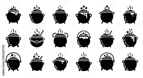 Collection of black and white illustrations of various cooking pots with steam rising, displayed in a grid pattern