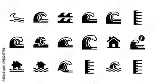 Collection of wave and ocean icons in various styles and forms depicted in black illustrations