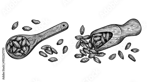 Organic almonds in wooden spoon and container, hand drawn sketch engraving style vector