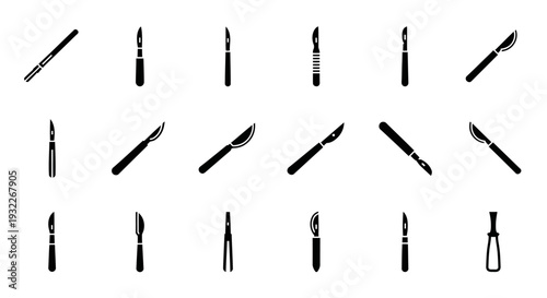 Collection of various black surgical and medical instruments arranged neatly on a white background from a top-down viewpoint.