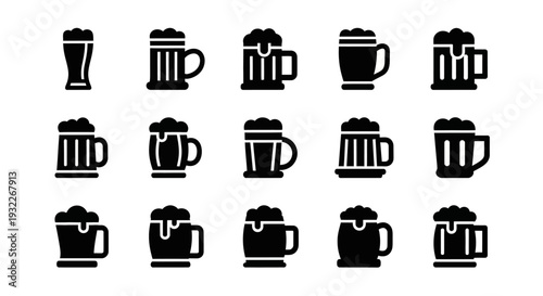 Collection of beer mug icons in various styles and shapes displayed together