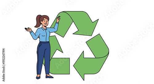 Woman Interacting with Large Green Recycling Symbol. Vector Illustrations. EPS Editable