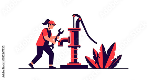 Woman Mechanic Repairing Old Water Pump with Wrench. Vector Illustrations. EPS Editable