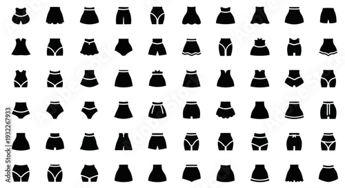 Collection of various clothing items and accessories icons in black on a clean white background viewed from directly above