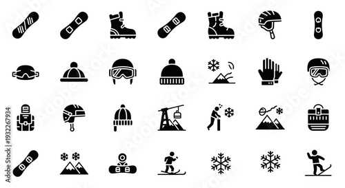 Collection of Winter Sports Icons Featuring Skiing, Snowboarding, and Winter Accessories in Black and White Illustrations