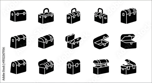 Collection of various treasure chest icons in different views and styles on a plain background