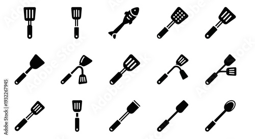Collection of various kitchen utensils displayed in a grid pattern on a clean white background