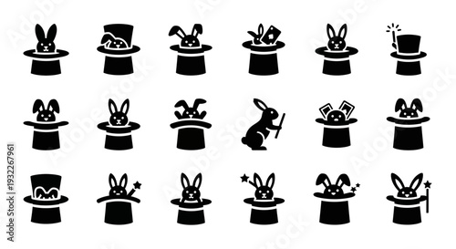 Various rabbit illustrations emerging from top hats in a grid pattern, showcasing different poses and actions in a simple black and white style