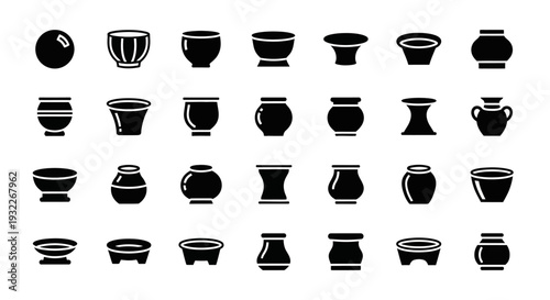 Collection of Ancient Pottery Icons Displayed in Grid Format on Plain Background from Direct Viewpoint
