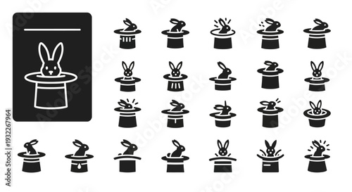A collection of magician's hat icons with rabbits emerging, various actions, and a large icon on the side, in a grid layout, viewed from directly above