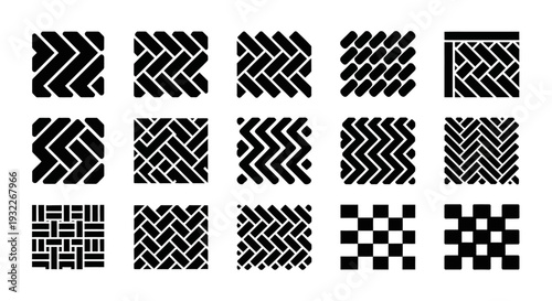 Collection of black and white geometric patterns displayed in a grid arrangement on a plain white background from a direct viewpoint