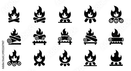 Collection of Various Campfire Icons Depicted in Black Silhouette on a White Background