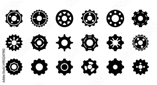 Collection of Various Mechanical Gears and Cogs Displayed in a Grid Pattern on a Neutral Background from a Direct Viewpoint