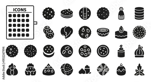 Collection of various food icons including desserts and dishes displayed on a grid layout
