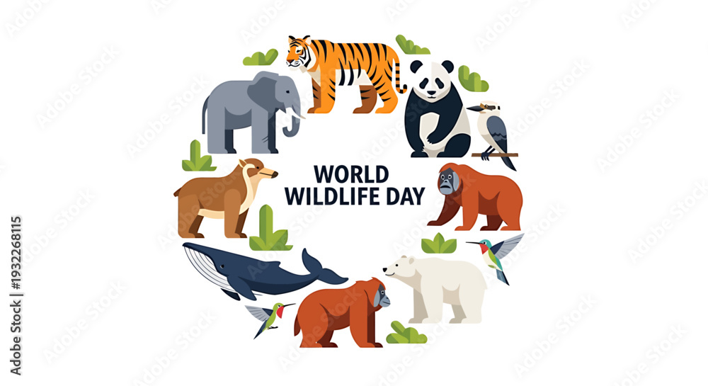 Obraz premium World Wildlife Day Celebration with Diverse Animals in Circular Arrangement. Vector Illustrations. EPS Editable