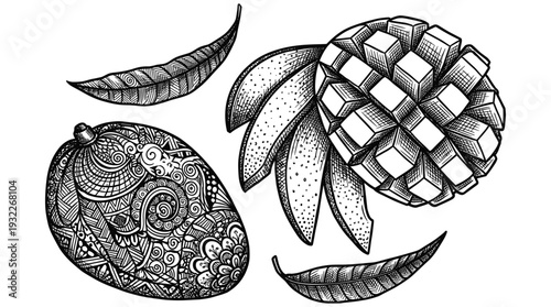 Mango fruit with tropical leaves and sliced pieces in decorative ethnic engraving style art