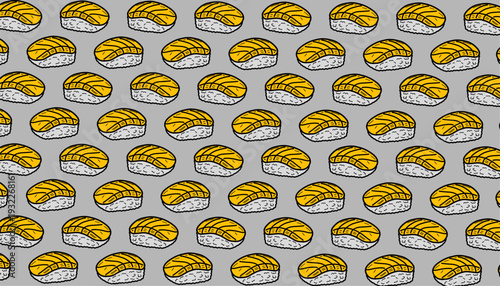 Japanese sushi maki pattern. Shrimp roll food illustration. Minimalist hand drawn line. Flat colorful asian cuisine. Repeating seafood textile design.