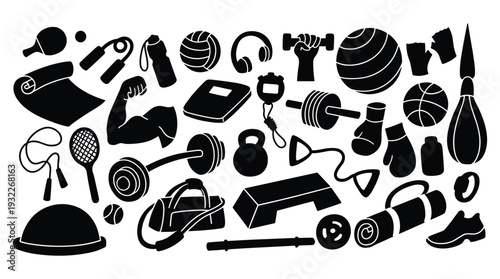 Diverse collection of fitness and sports equipment silhouettes for active lifestyle