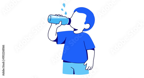 Young boy drinking water from a bottle staying hydrated. Vector Illustrations. EPS Editable