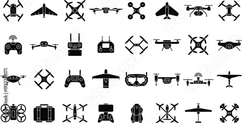 Modern drones and aerial photography equipment flying and static aerial vehicles