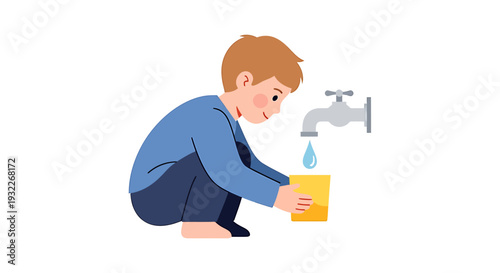 Young Boy Filling Container with Water. Vector Illustrations. EPS Editable