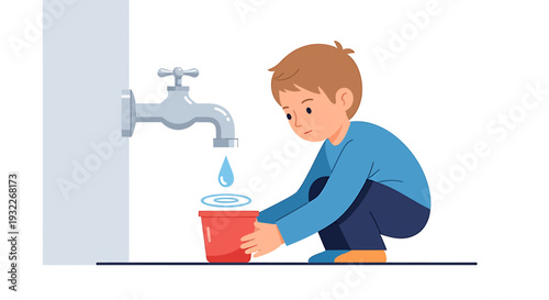 Young Boy Filling Red Cup with Water. Vector Illustrations. EPS Editable